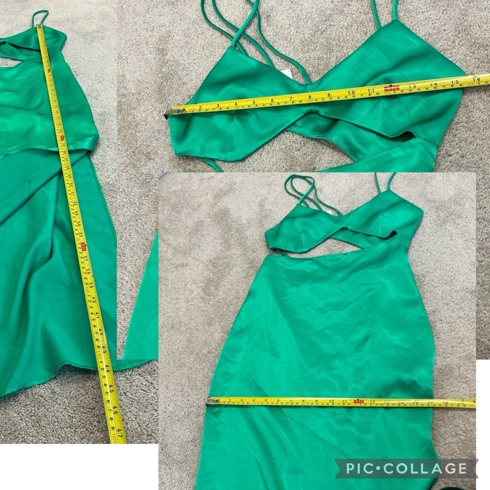Zara green satin effect asymmetrical cut-out strappy crisscross slit midi dress - Picture 10 of 12